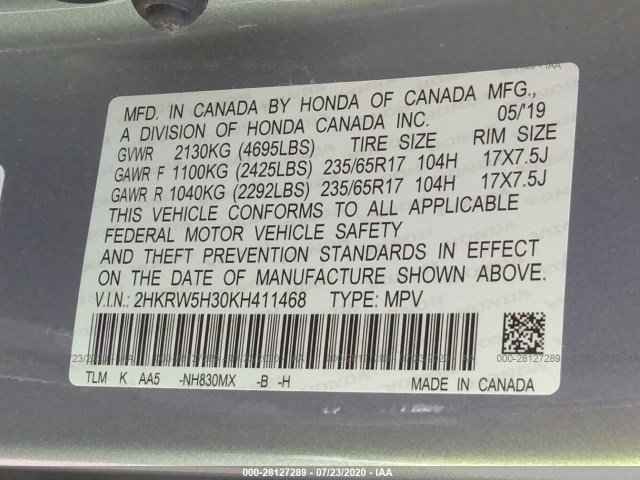 Photo 8 VIN: 2HKRW5H30KH411468 - HONDA CR-V 