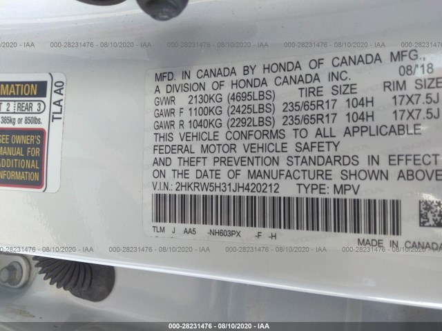 Photo 8 VIN: 2HKRW5H31JH420212 - HONDA CR-V 