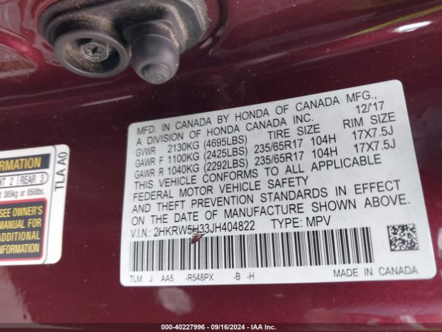 Photo 8 VIN: 2HKRW5H33JH404822 - HONDA CR-V 