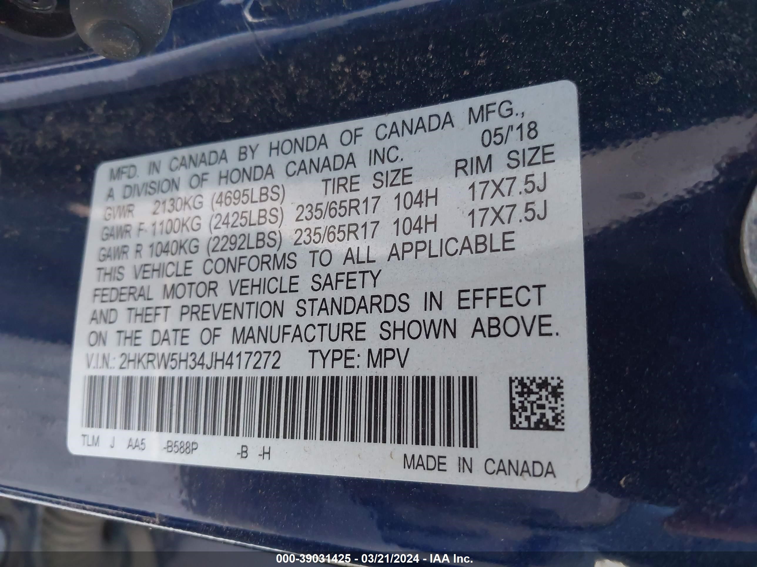 Photo 8 VIN: 2HKRW5H34JH417272 - HONDA CR-V 