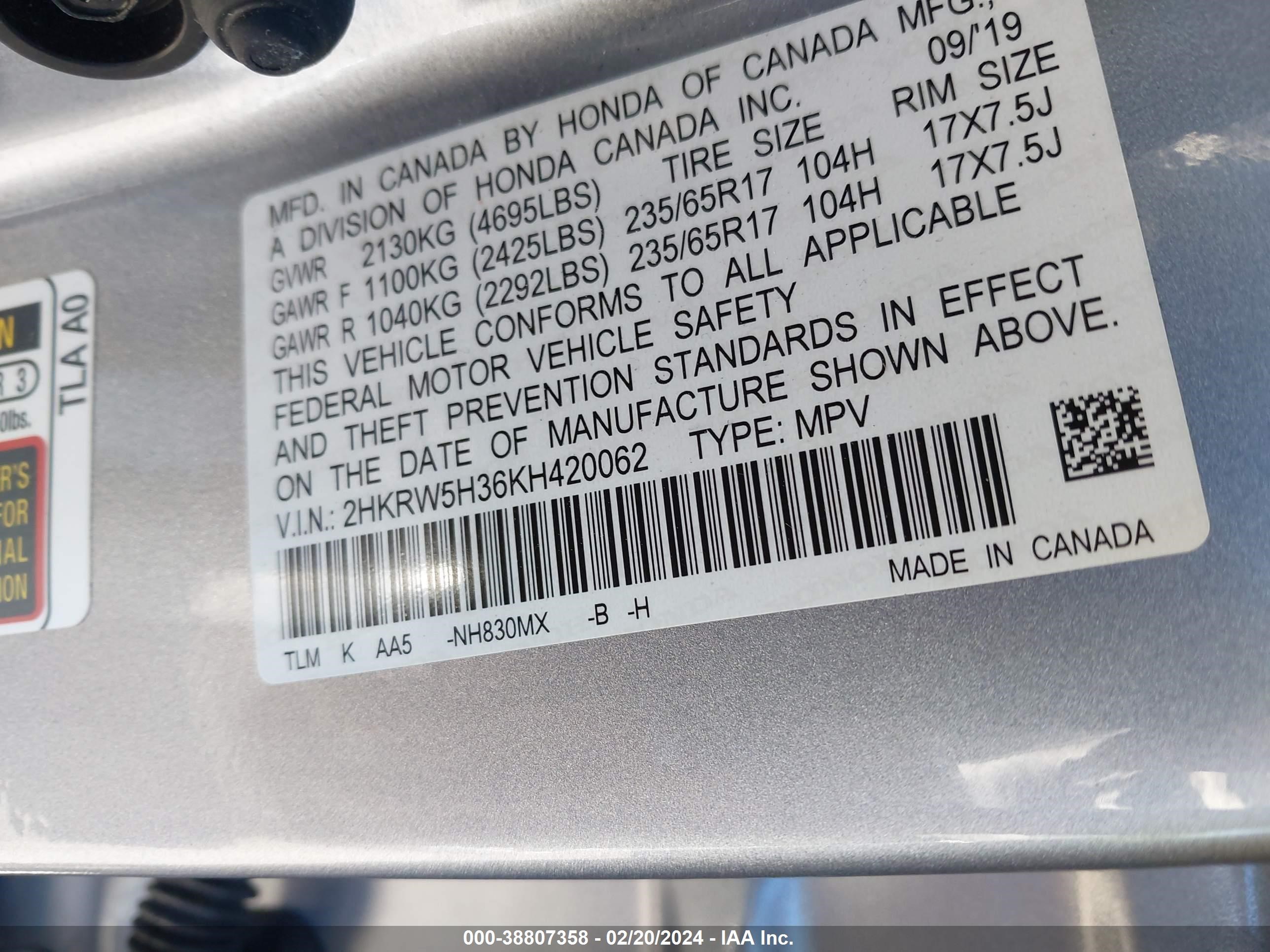 Photo 8 VIN: 2HKRW5H36KH420062 - HONDA CR-V 