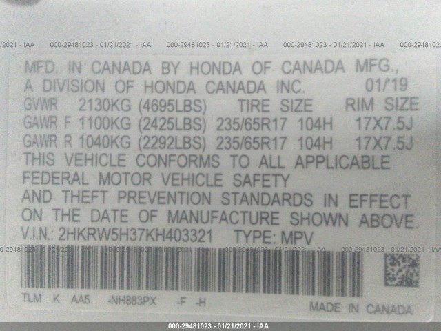 Photo 8 VIN: 2HKRW5H37KH403321 - HONDA CR-V 