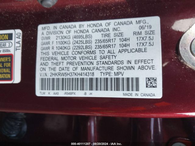 Photo 8 VIN: 2HKRW5H37KH414318 - HONDA CR-V 