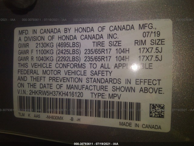 Photo 8 VIN: 2HKRW5H37KH416120 - HONDA CR-V 