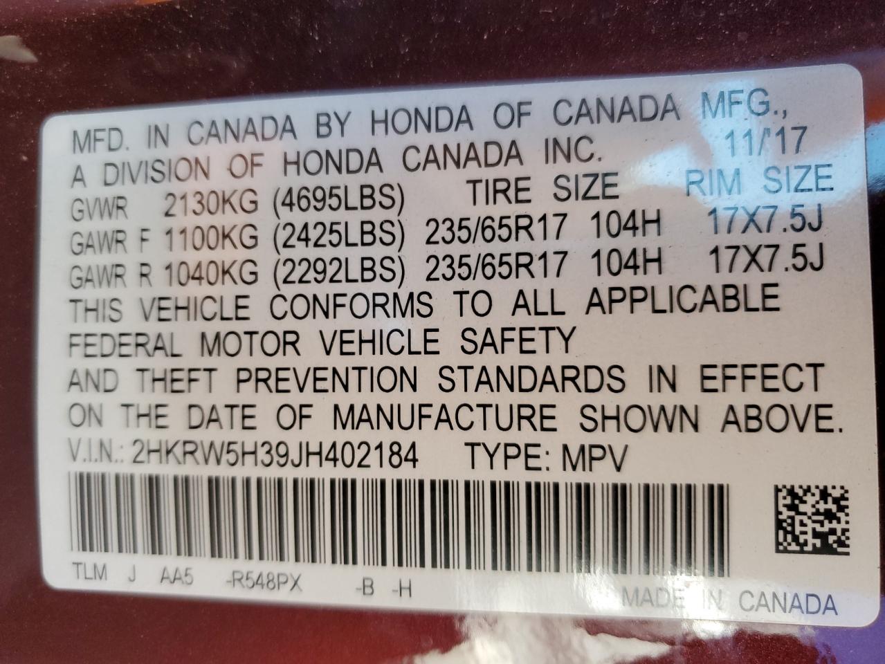 Photo 13 VIN: 2HKRW5H39JH402184 - HONDA CR-V 