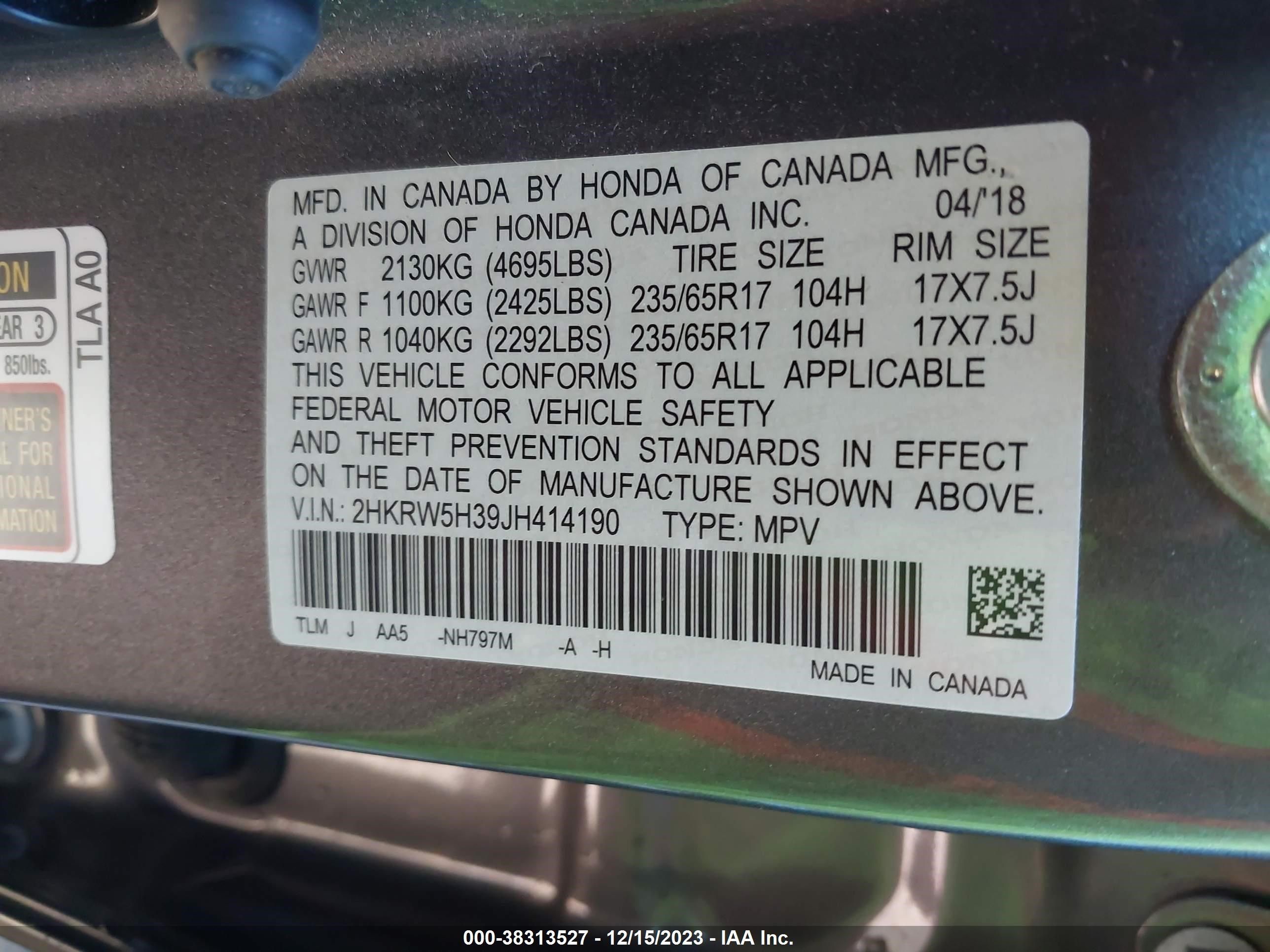 Photo 8 VIN: 2HKRW5H39JH414190 - HONDA CR-V 