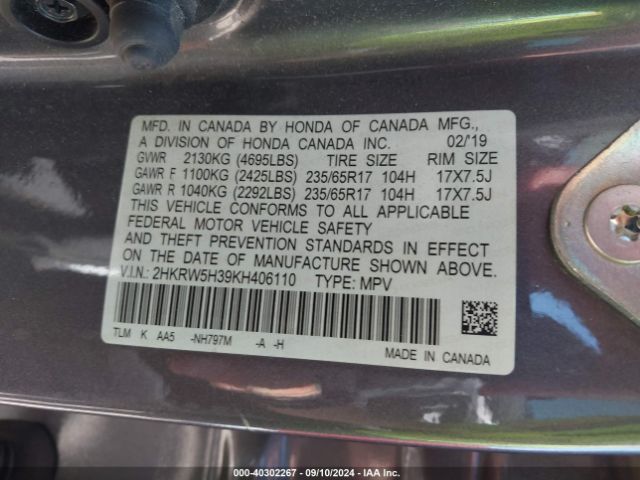 Photo 8 VIN: 2HKRW5H39KH406110 - HONDA CR-V 