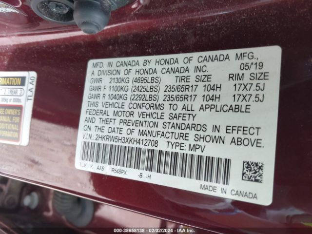 Photo 8 VIN: 2HKRW5H3XKH412708 - HONDA CR-V 