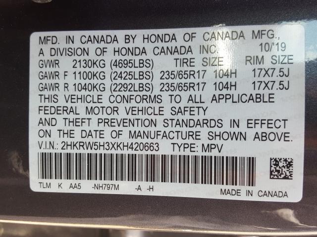 Photo 9 VIN: 2HKRW5H3XKH420663 - HONDA CR-V LX 