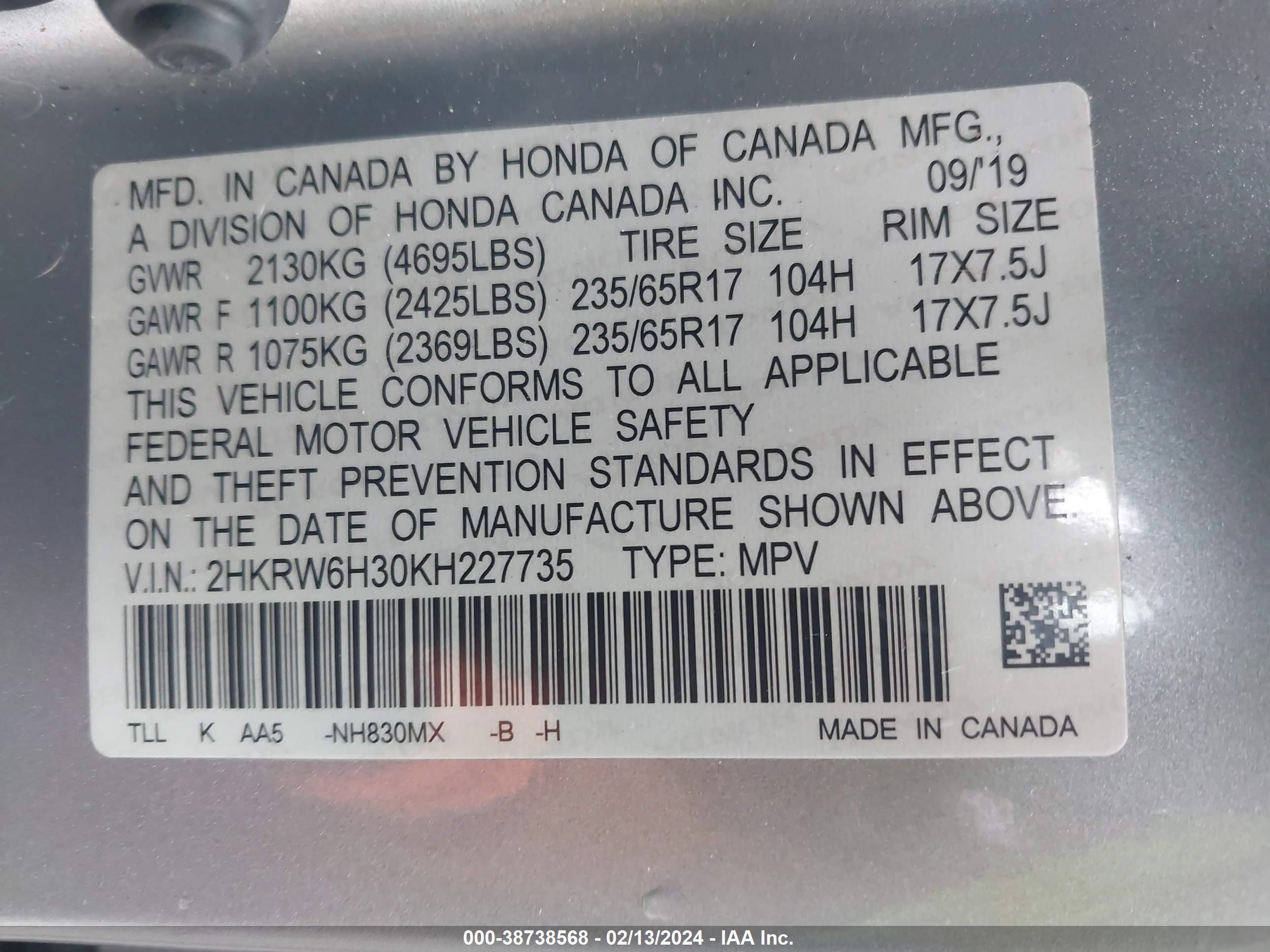 Photo 8 VIN: 2HKRW6H30K8227735 - HONDA CR-V 