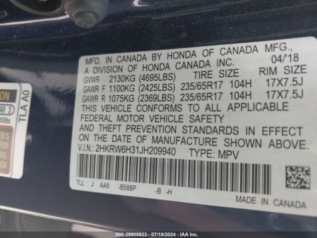 Photo 8 VIN: 2HKRW6H31JH209940 - HONDA CR-V 