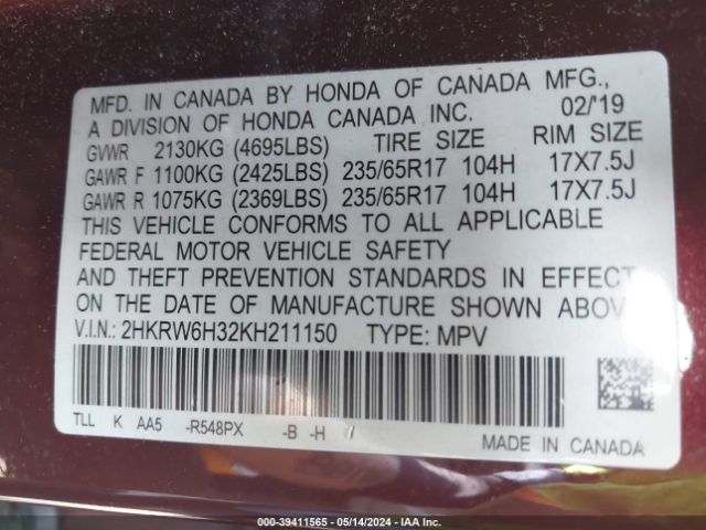 Photo 8 VIN: 2HKRW6H32KH211150 - HONDA CR-V 