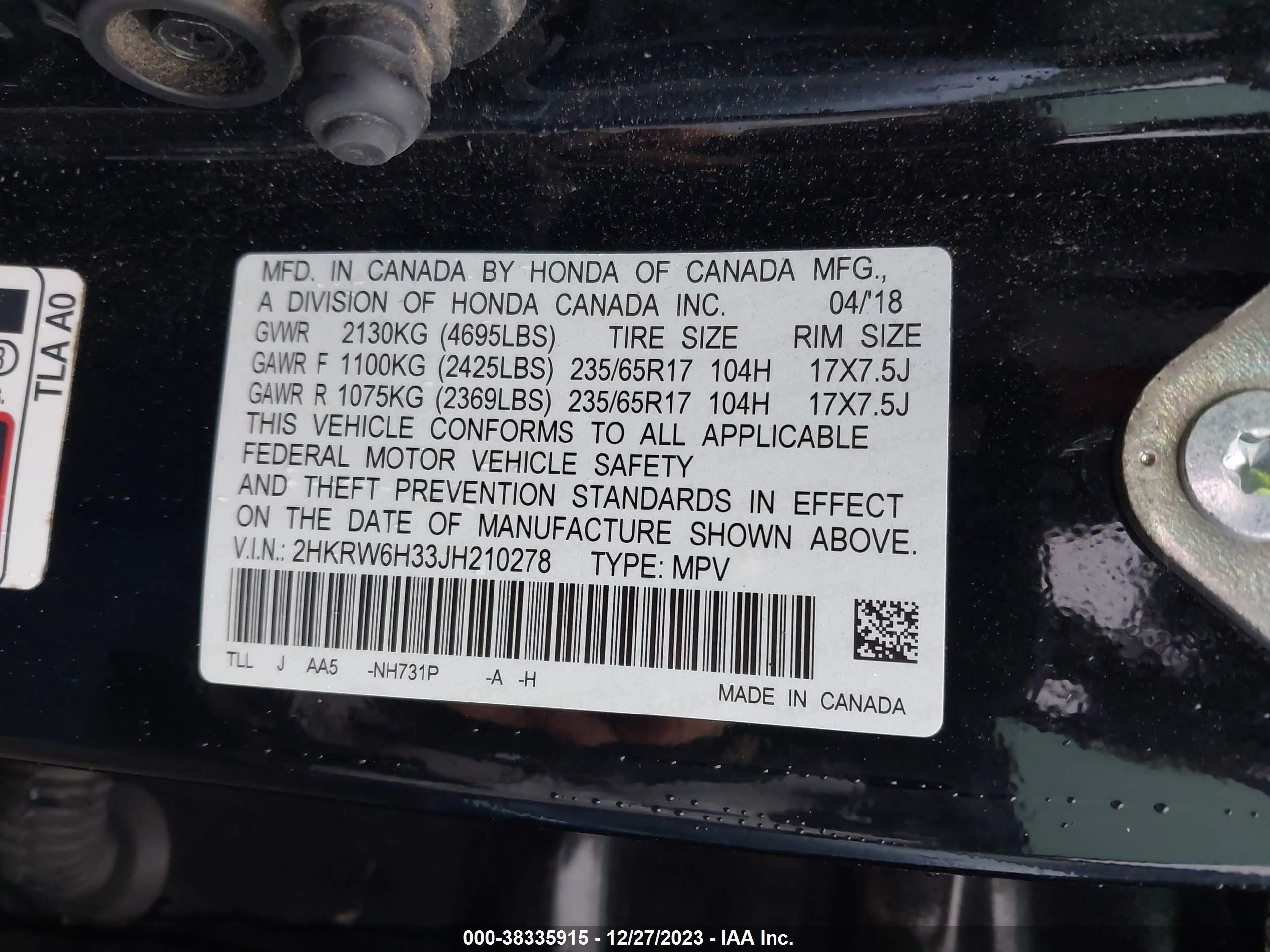 Photo 8 VIN: 2HKRW6H33JH210278 - HONDA CR-V 