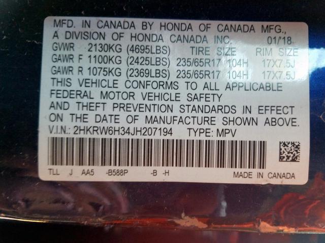 Photo 9 VIN: 2HKRW6H34JH207194 - HONDA CR-V LX 