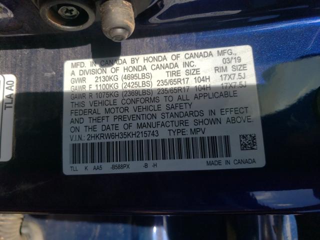 Photo 9 VIN: 2HKRW6H35KH215743 - HONDA CR-V LX 