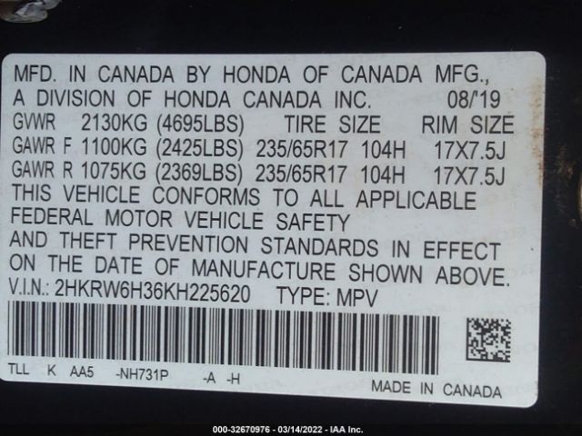 Photo 8 VIN: 2HKRW6H36KH225620 - HONDA CR-V 