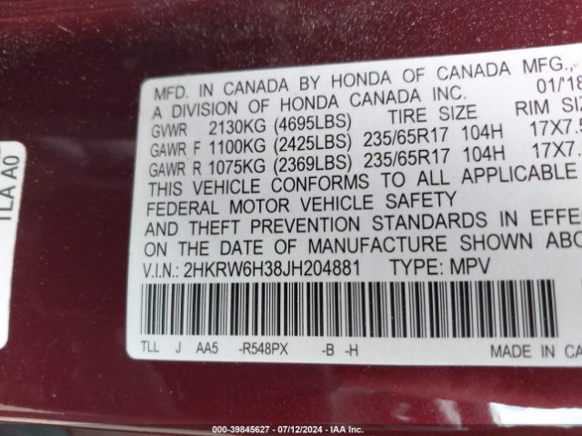 Photo 8 VIN: 2HKRW6H38JH204881 - HONDA CR-V 