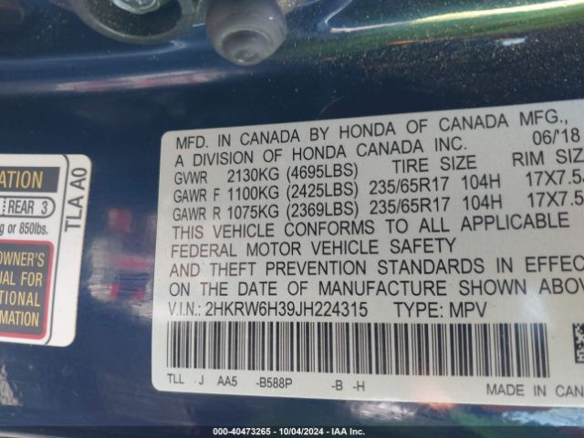 Photo 8 VIN: 2HKRW6H39JH224315 - HONDA CR-V 