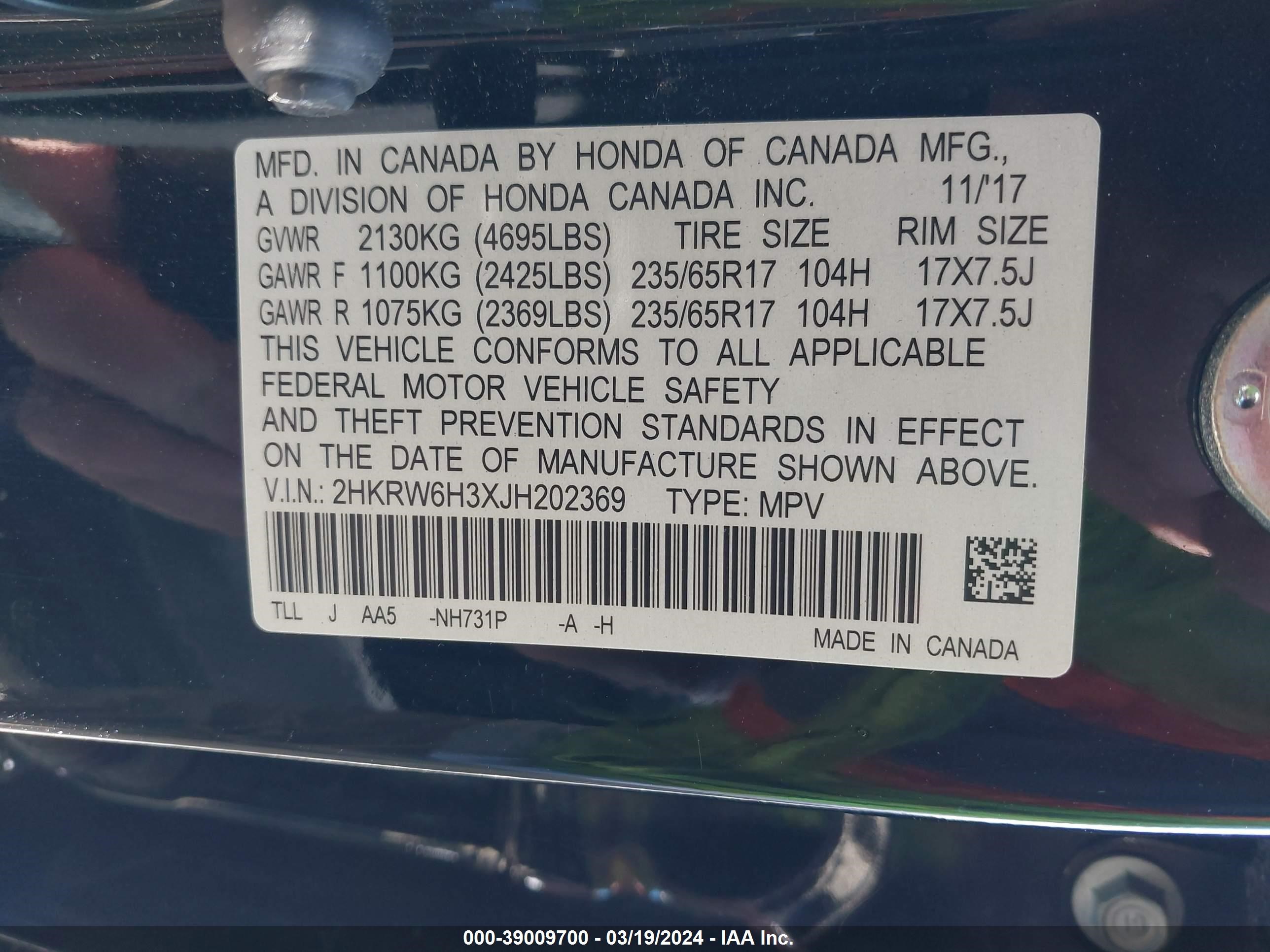 Photo 8 VIN: 2HKRW6H3XJH202369 - HONDA CR-V 