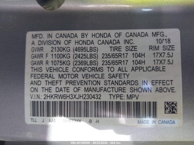 Photo 8 VIN: 2HKRW6H3XJH230432 - HONDA CR-V 