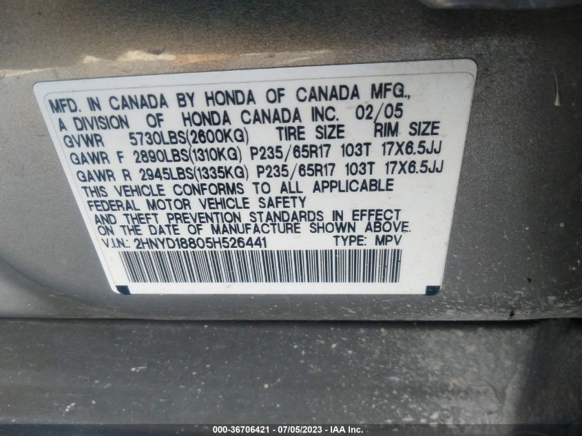 Photo 8 VIN: 2HNYD18805H526441 - ACURA MDX 