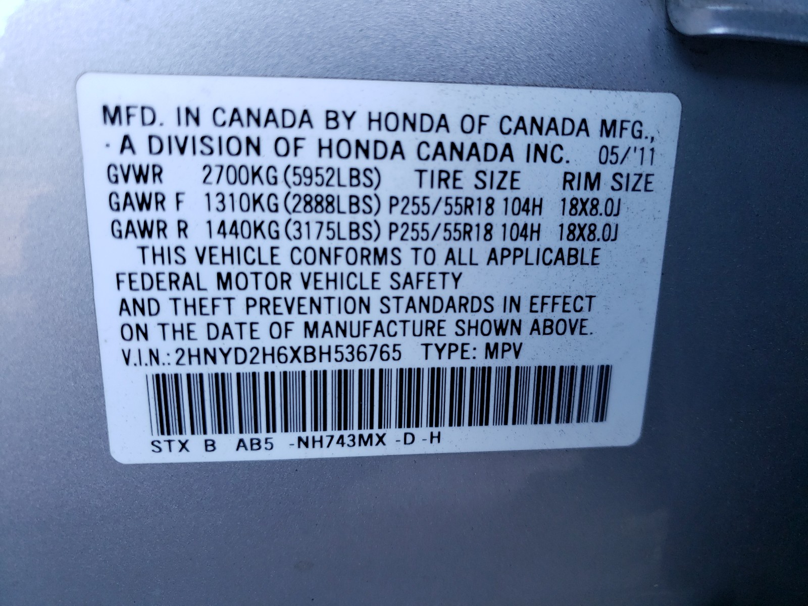 Photo 9 VIN: 2HNYD2H6XBH536765 - ACURA MDX TECHNO 