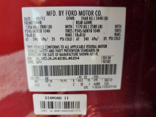 Photo 12 VIN: 2LMDJ6JK4DBL46204 - LINCOLN MKX 