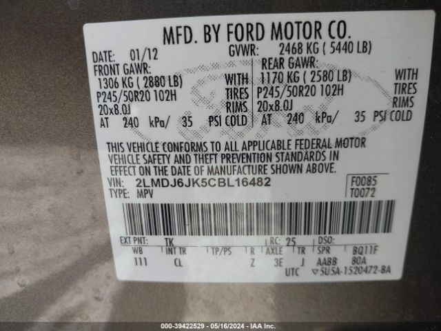 Photo 8 VIN: 2LMDJ6JK5CBL16482 - LINCOLN MKX 