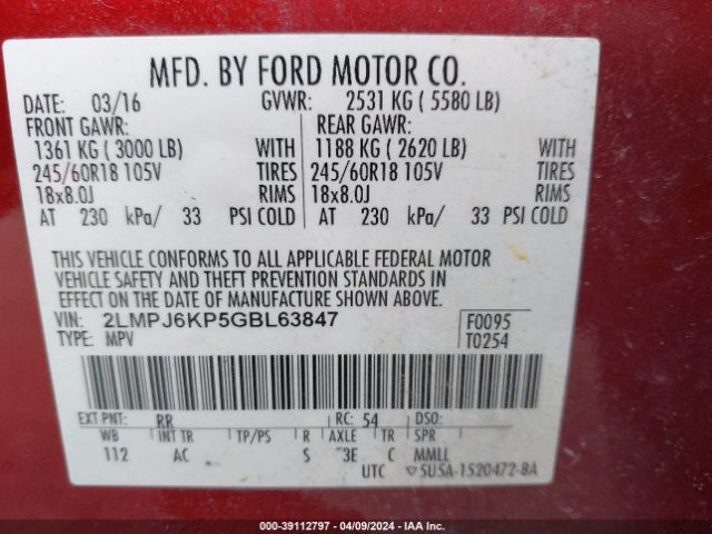 Photo 8 VIN: 2LMPJ6KP5GBL63847 - LINCOLN MKX 