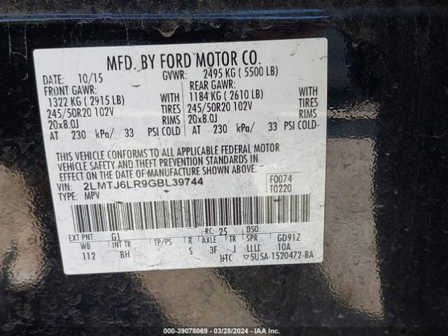 Photo 8 VIN: 2LMTJ6LR9GBL39744 - LINCOLN MKX 