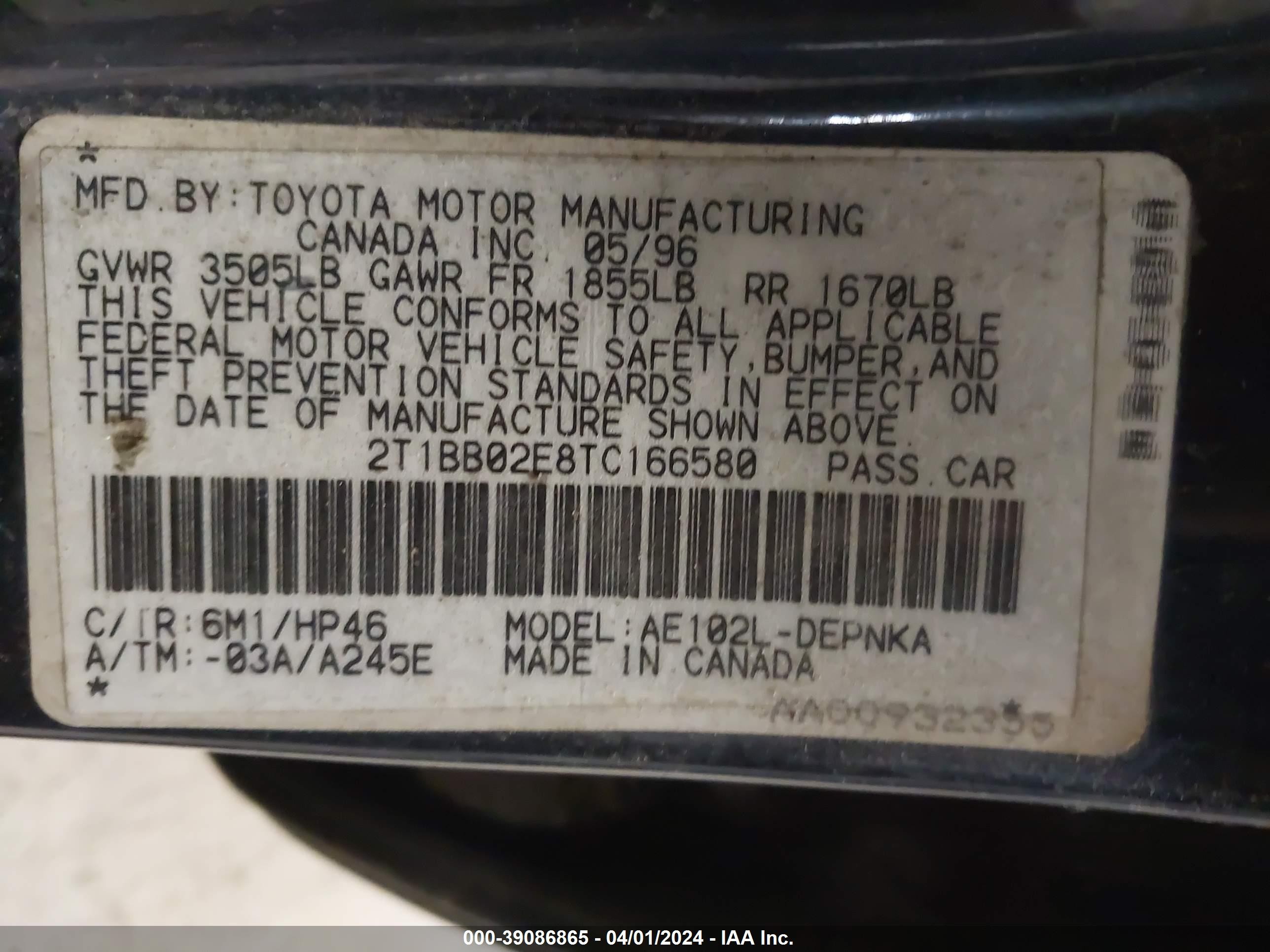 Photo 8 VIN: 2T1BB02E8TC166580 - TOYOTA COROLLA 