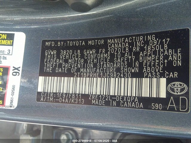 Photo 8 VIN: 2T1BPRHE1JC982430 - TOYOTA COROLLA 