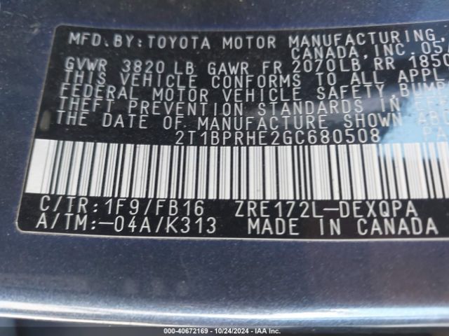 Photo 8 VIN: 2T1BPRHE2GC680508 - TOYOTA COROLLA 