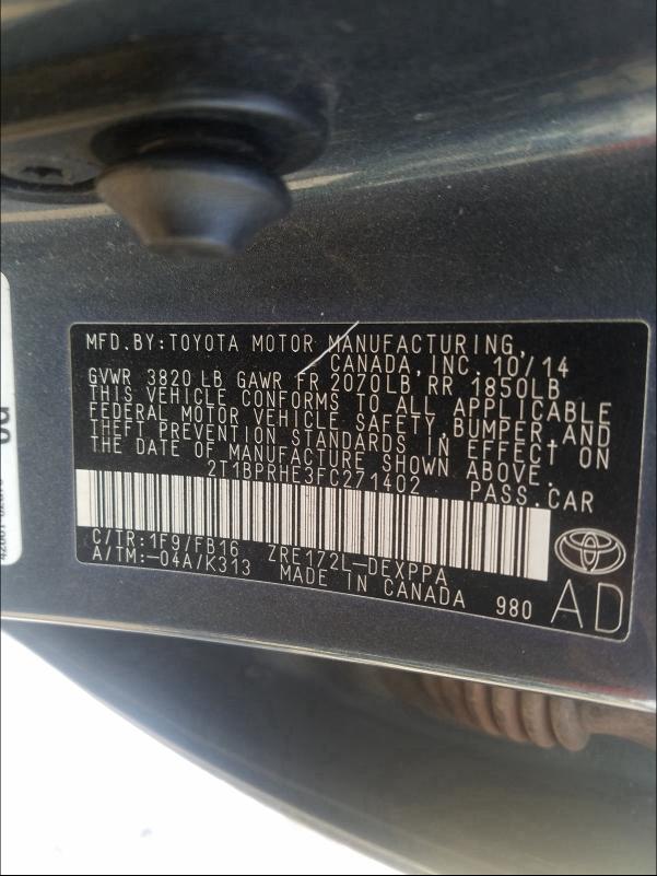 Photo 9 VIN: 2T1BPRHE3FC271402 - TOYOTA COROLLA EC 