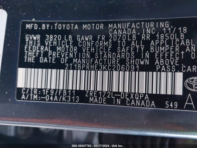 Photo 8 VIN: 2T1BPRHE3KC206091 - TOYOTA COROLLA 