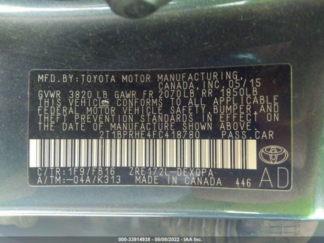 Photo 8 VIN: 2T1BPRHE4FC418780 - TOYOTA COROLLA 