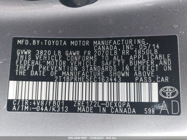 Photo 8 VIN: 2T1BPRHE5EC163443 - TOYOTA COROLLA 