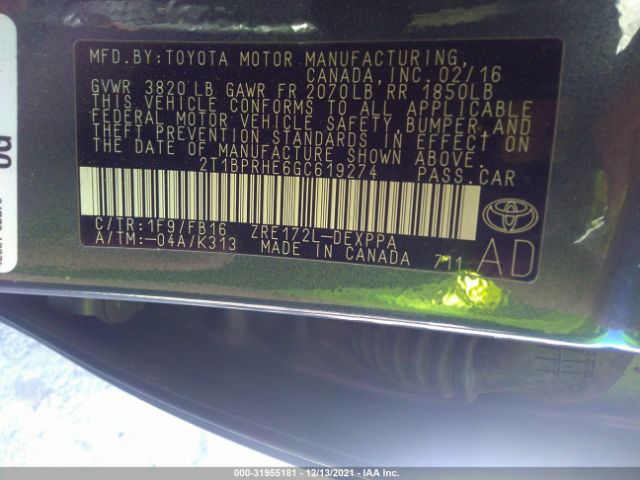 Photo 8 VIN: 2T1BPRHE6GC619274 - TOYOTA COROLLA 