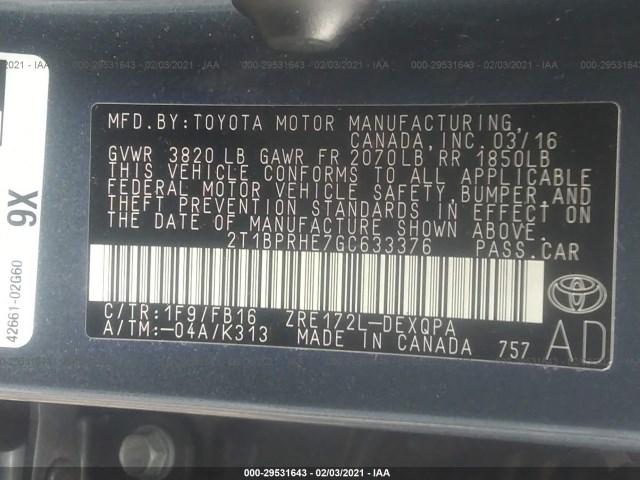 Photo 8 VIN: 2T1BPRHE7GC633376 - TOYOTA COROLLA 