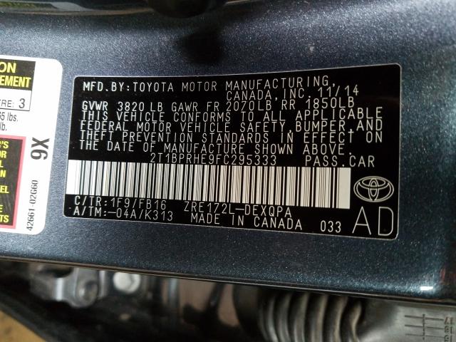 Photo 9 VIN: 2T1BPRHE9FC295333 - TOYOTA COROLLA 