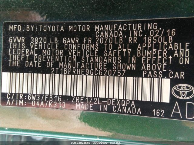 Photo 8 VIN: 2T1BPRHE9GC620757 - TOYOTA COROLLA 