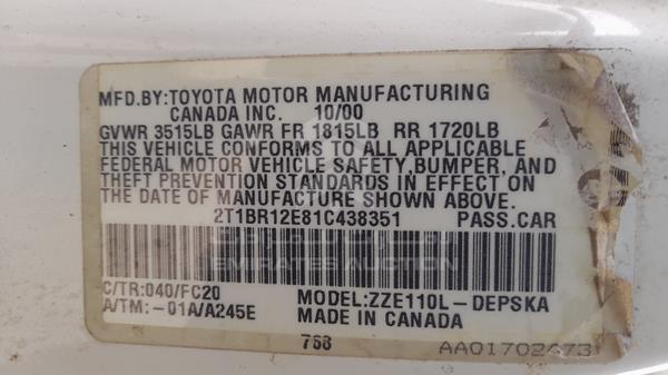 Photo 1 VIN: 2T1BR12E81C438351 - TOYOTA COROLLA 