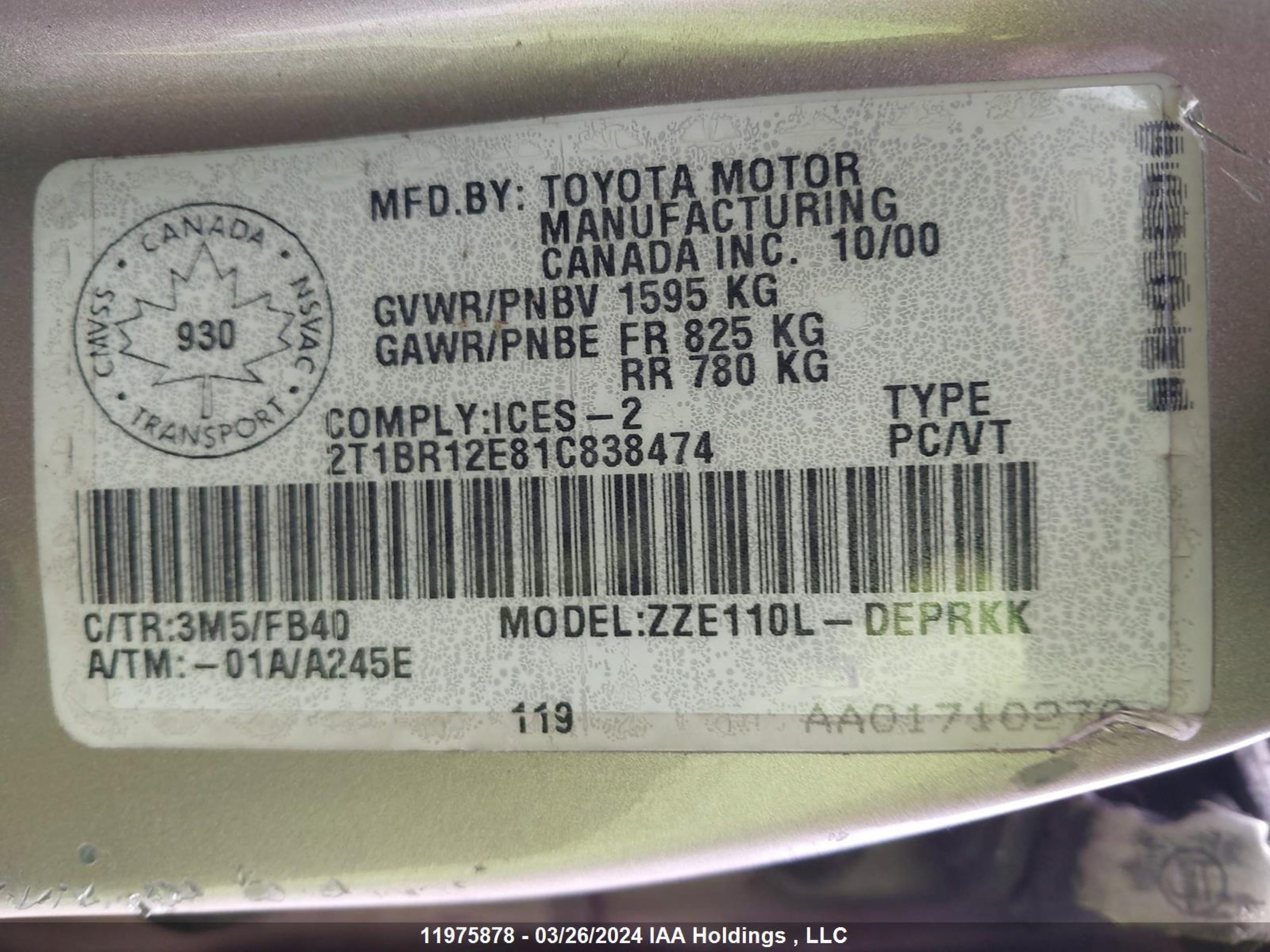 Photo 8 VIN: 2T1BR12E81C838474 - TOYOTA COROLLA 