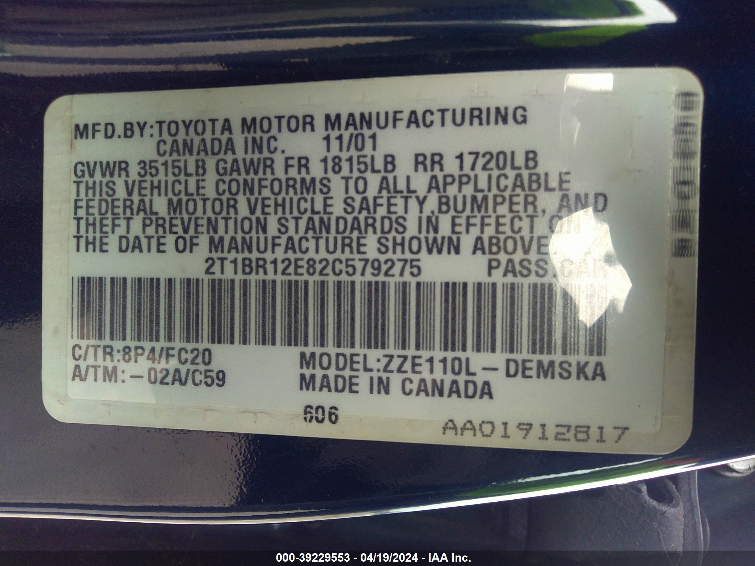 Photo 8 VIN: 2T1BR12E82C579275 - TOYOTA COROLLA 