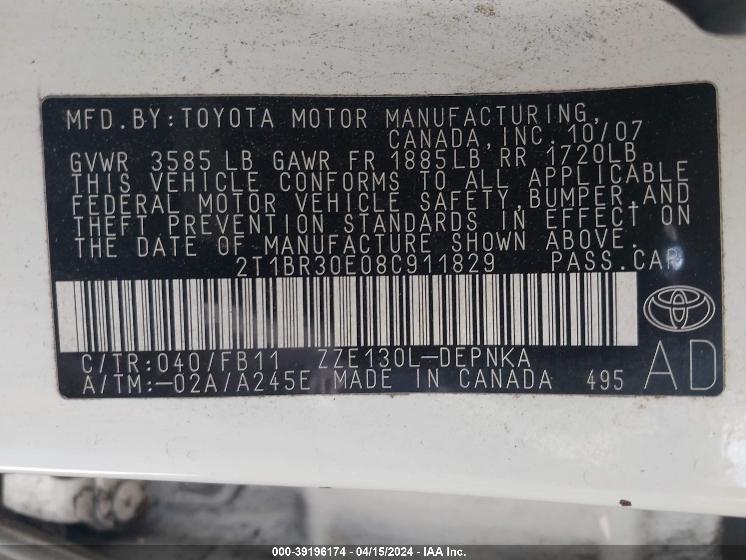 Photo 8 VIN: 2T1BR30E08C911829 - TOYOTA COROLLA 