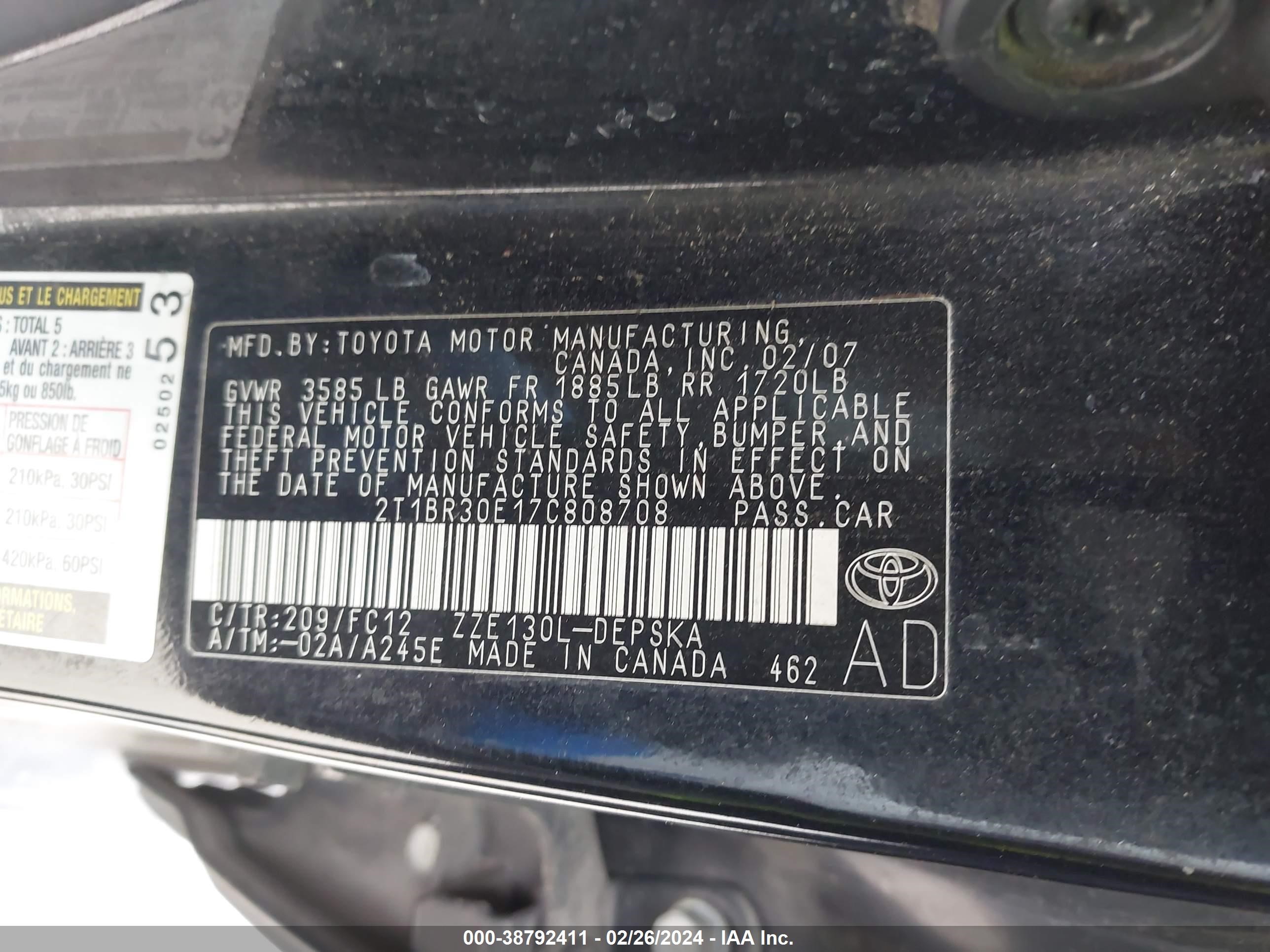 Photo 8 VIN: 2T1BR30E17C808708 - TOYOTA COROLLA 