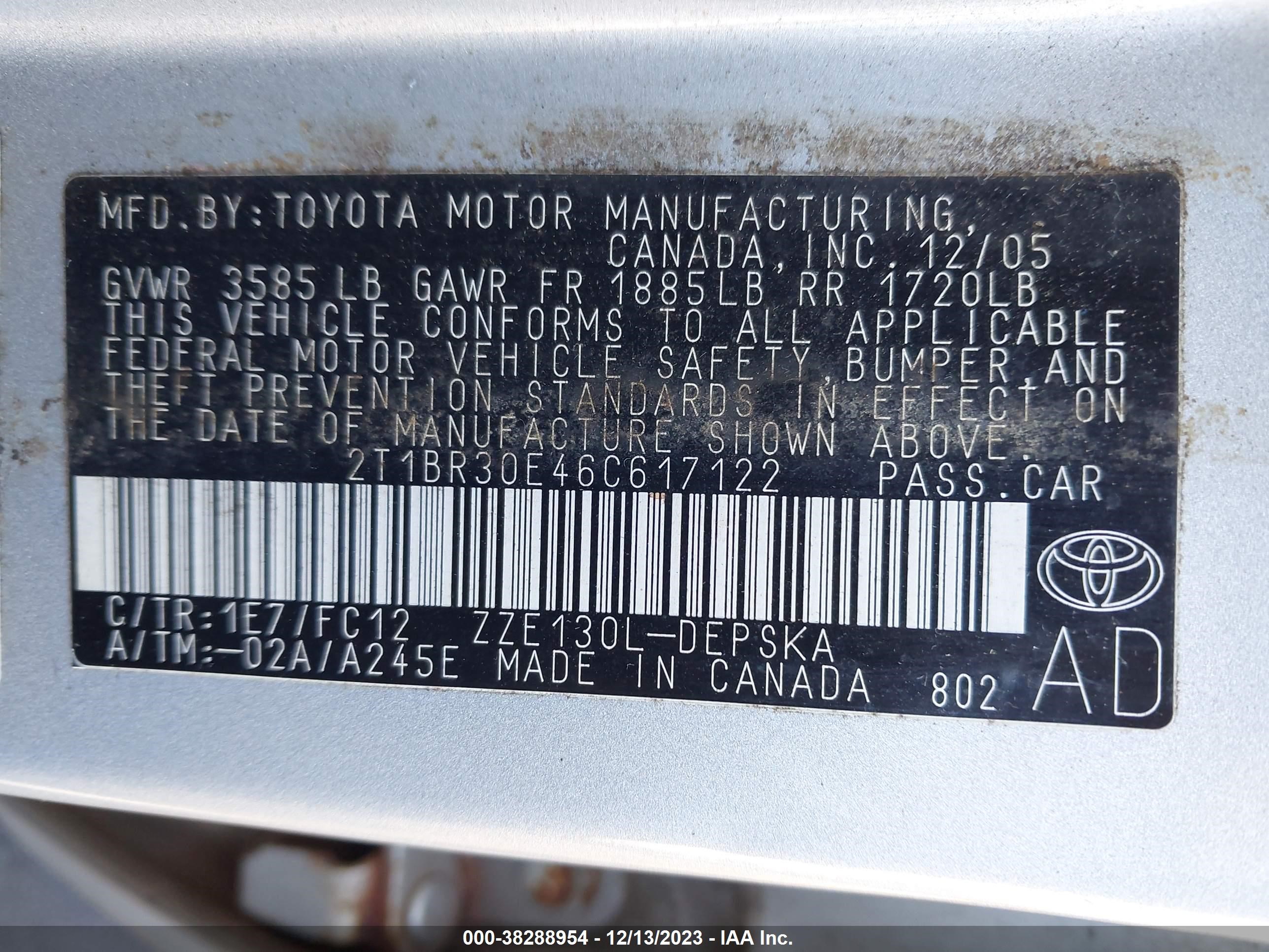 Photo 8 VIN: 2T1BR30E46C617122 - TOYOTA COROLLA 