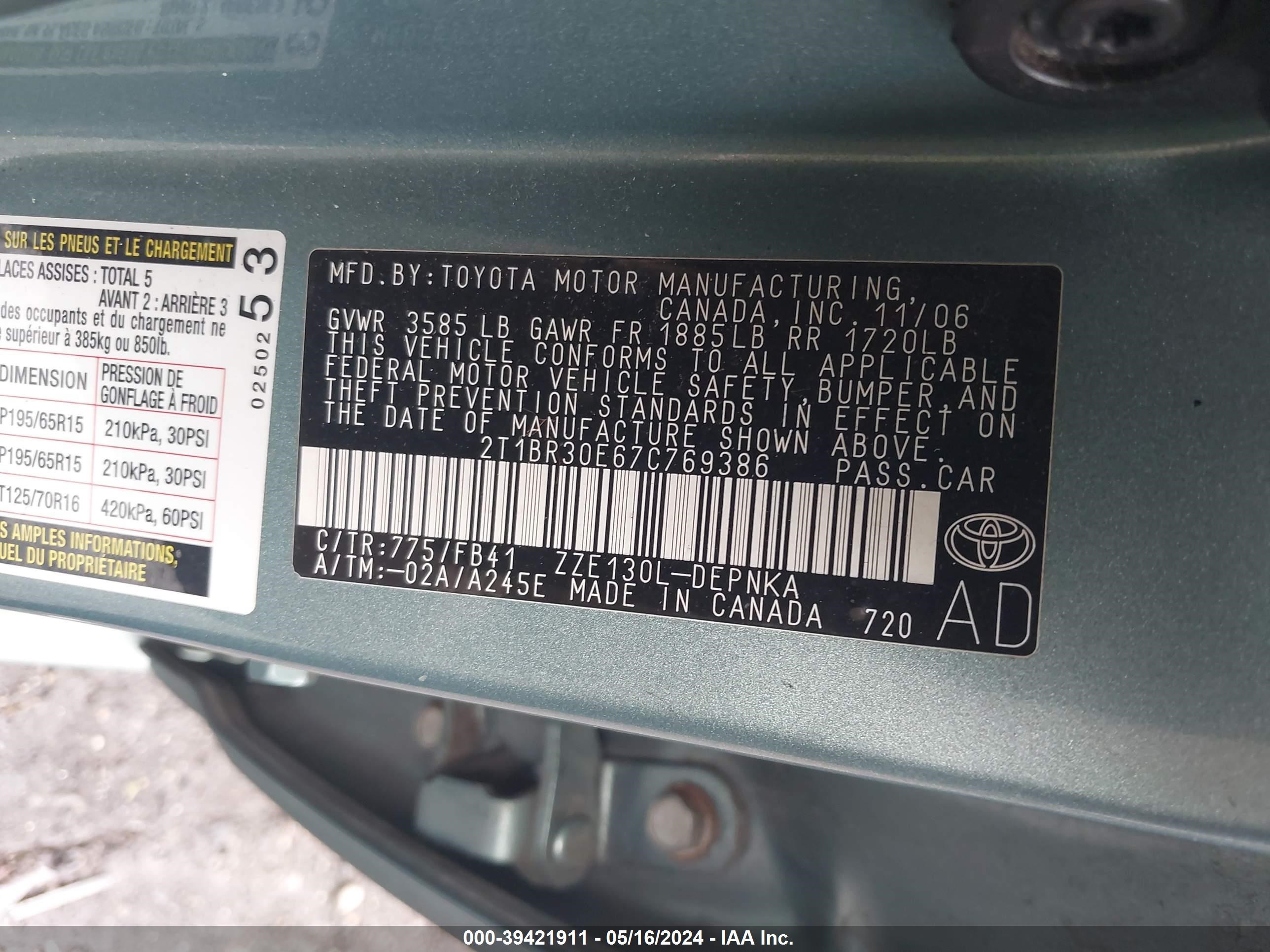 Photo 8 VIN: 2T1BR30E67C769386 - TOYOTA COROLLA 