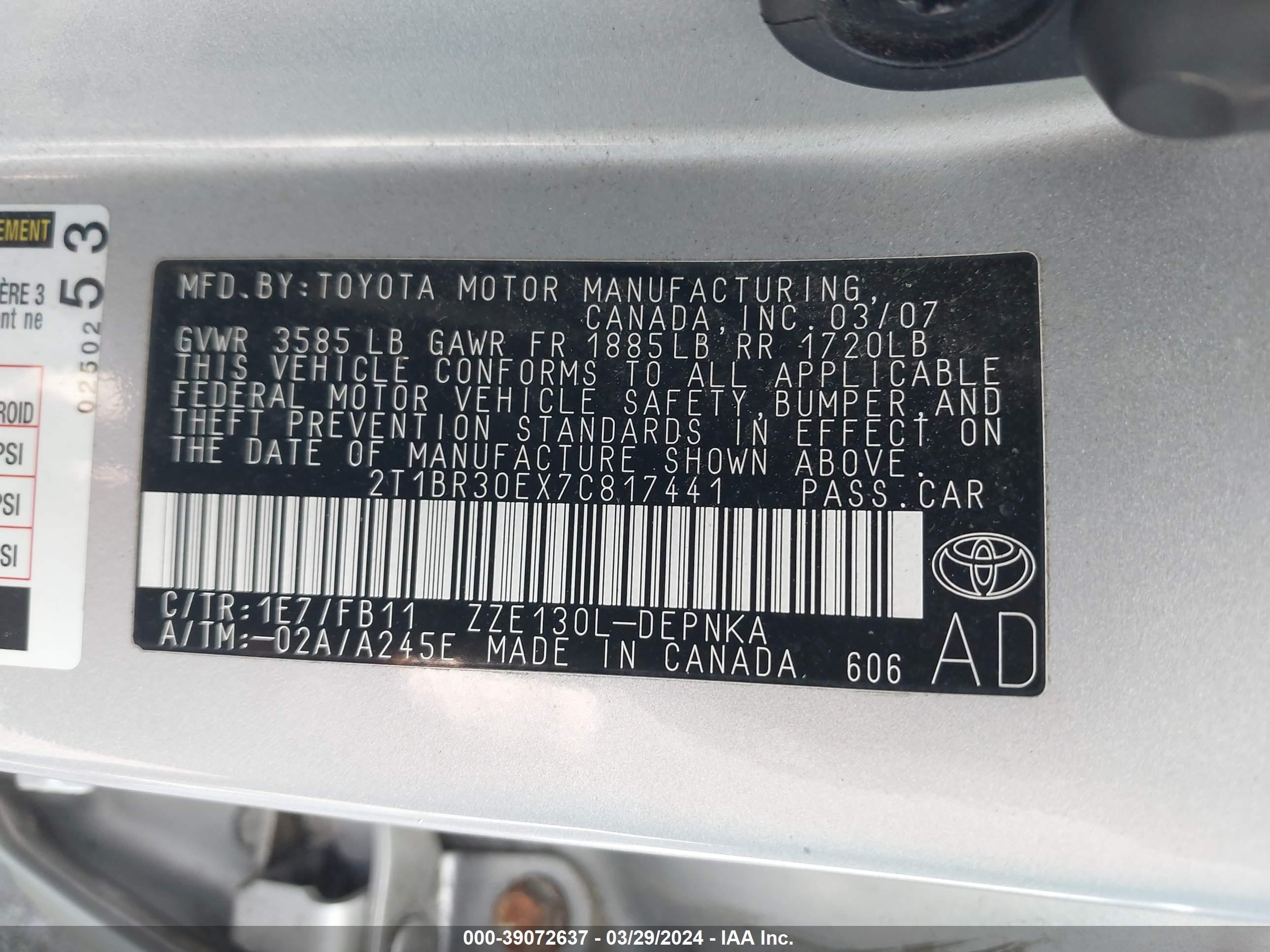 Photo 8 VIN: 2T1BR30EX7C817441 - TOYOTA COROLLA 