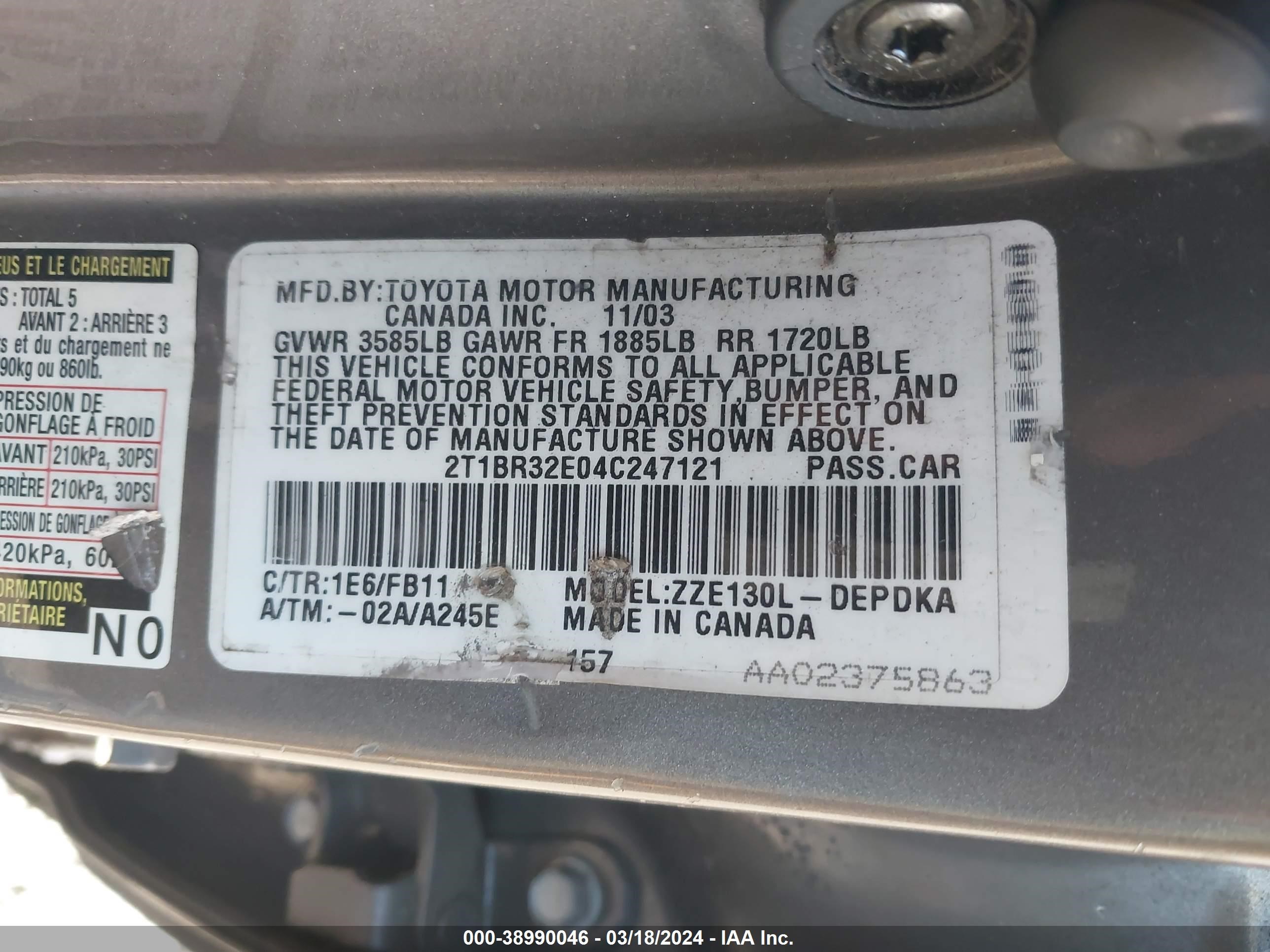 Photo 8 VIN: 2T1BR32E04C247121 - TOYOTA COROLLA 